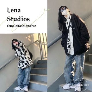 【LenaStudios】日系原宿寬鬆薄款防風兩面穿雙面奶牛動物紋飛行外套夾克棒球外套 運動外套