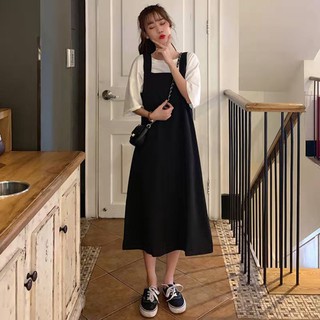 背帶裙+T恤兩件套韓國原宿風學生閨蜜裝網紅女夏中長款套裝連衣裙