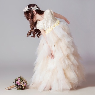 氣質珍珠花朵 蕾絲蛋糕澎澎長紗裙禮服 大童 花童 畢業 禮服 全家福 婚禮 紗裙 女童【BB7429】