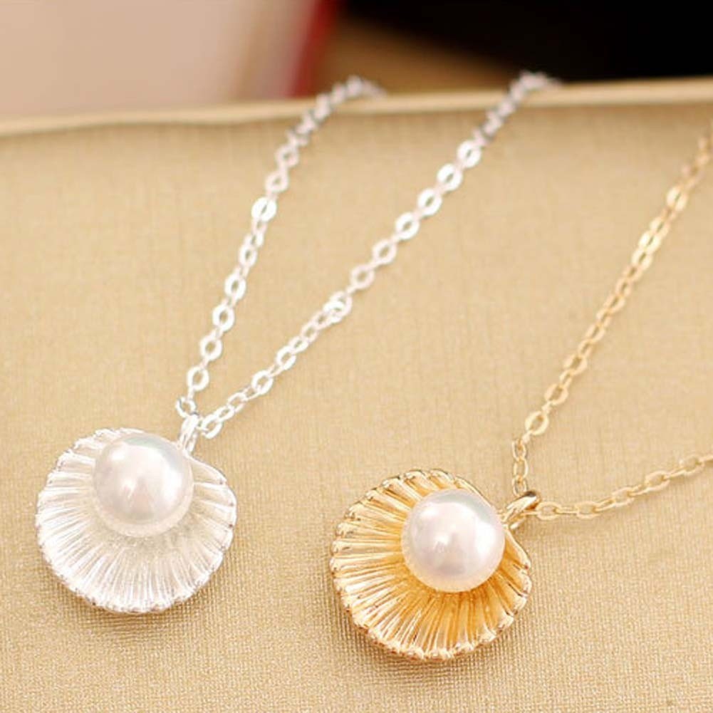 韓國簡約優雅銀金貝殼扇貝造型珍珠吊飾水晶吊墜短鎖骨項鍊