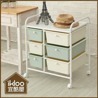 不可超取~新品~04/【ikloo】拼色雙排三大三小抽屜車-白綠款/收納箱/置物架/展示架/公文櫃/收納櫃/收納車