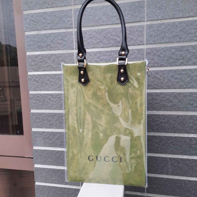 🇹🇼台灣寄出～紙袋改造 Gucci紙袋包 綠色花紋名牌包 紙袋加工 紙袋材料包 紙袋改造包DIY