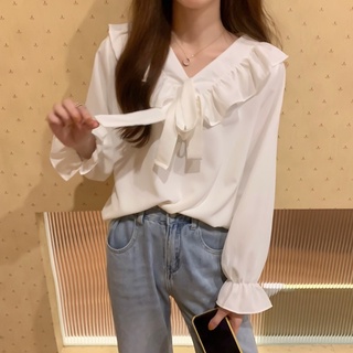 預購*日系法式荷葉邊V領長袖白色襯衫 設計感復古 純色 學院風 港風 學生 文藝 小清新 個性 上衣