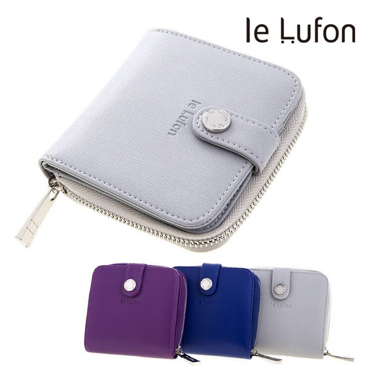 【le Lufon】十字紋皮簡約質感皮繩扣方形短皮夾-短夾/零錢包/卡夾（紫 ／寶藍／淺灰三色）