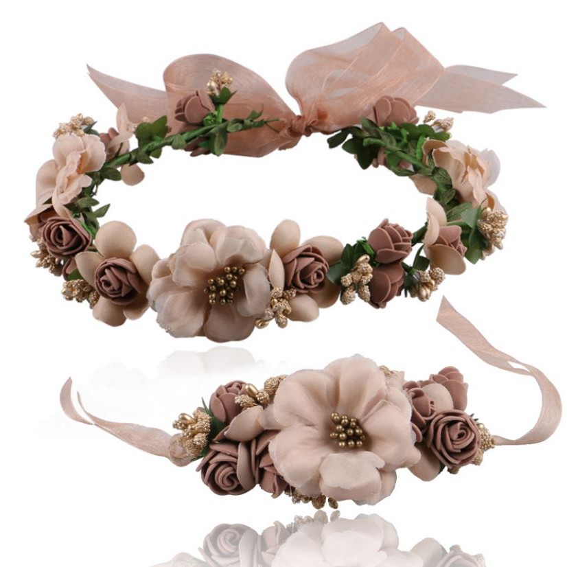 浪漫森林系女孩 一套含一個花環一隻手腕花  仿真花朵頭環+手環 大小可調 大人小孩新娘伴娘頭飾