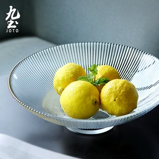 九土日式條紋玻璃果盤居家玻璃條紋水果盤創意圓形條紋水果盤簡約水果盤家用玻璃盤大號果盤生菜沙拉盤餐具桌上擺盤CJR0491