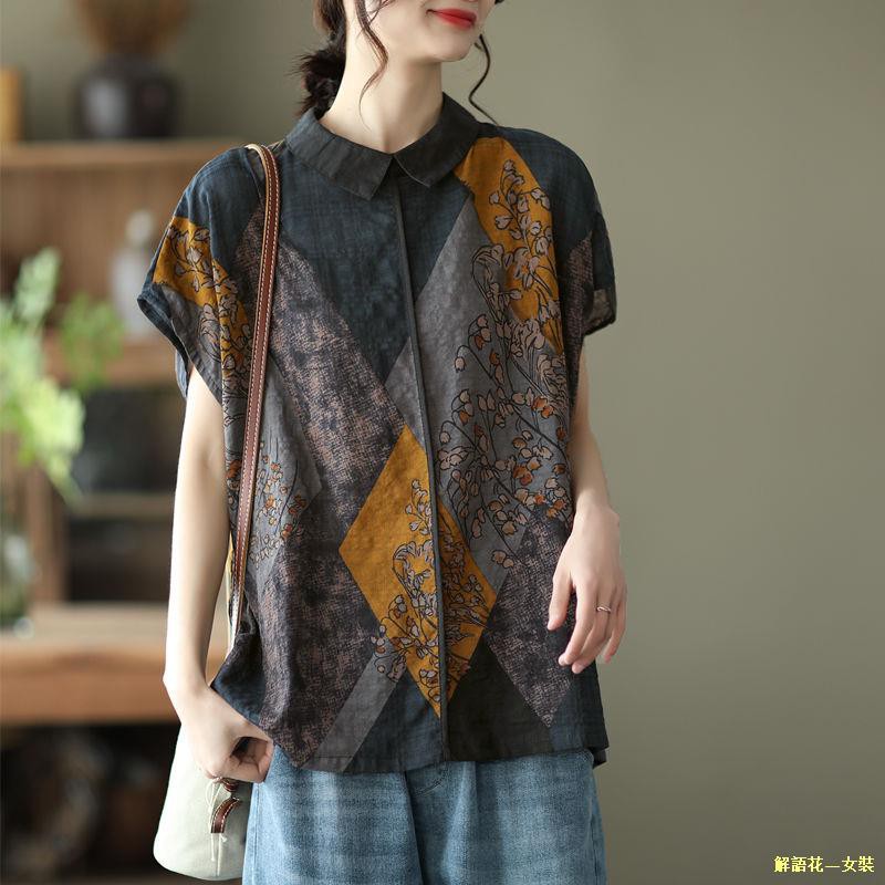 解語花 女裝 麻現貨3色21夏季新款加大碼女裝印花襯衣寬松顯瘦休閑上衣洋氣短袖襯衫潮 蝦皮購物