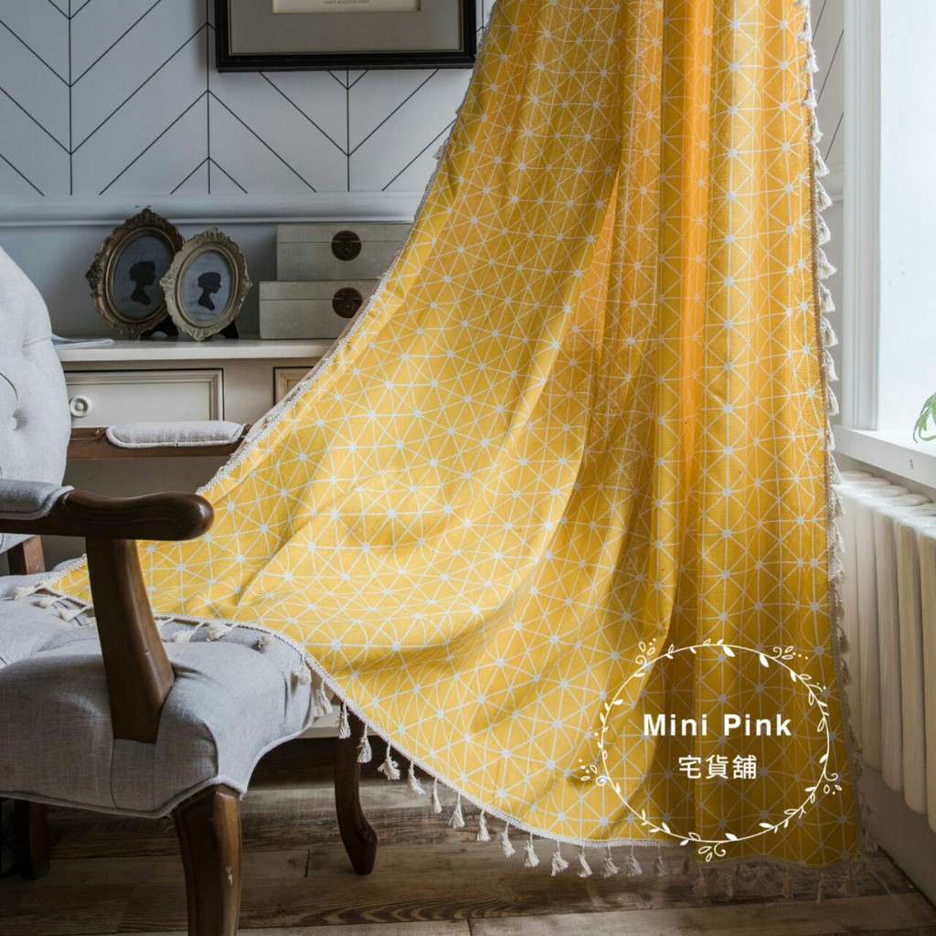 北歐宜家風 黃色幾何三角格紋棉麻布簾 飾米白流蘇邊窗簾 多種規格 可客製【B638】訂製款