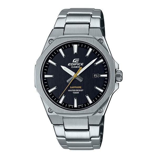 EDIFICE輕薄系列 八角扁平錶圈簡約大三針藍寶石水晶玻璃防水100米石英腕錶（黑面鋼帶）_ EFR-S108D-1A