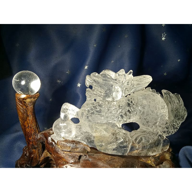 《晶華》水晶 白水晶 祥龍戲珠 根雕木座和珍藏盒 尊貴吉祥權力的象徵   05B021