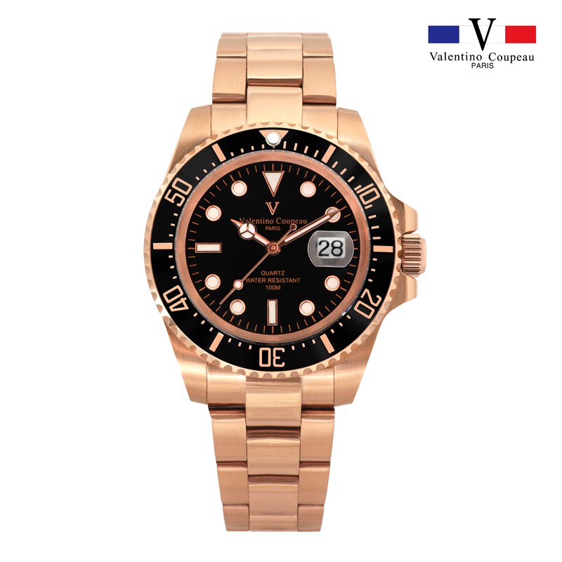 【范倫鐵諾 Valentino Coupeau】61589RG-1 百米防水精密陶瓷玫瑰金水鬼潛水腕錶