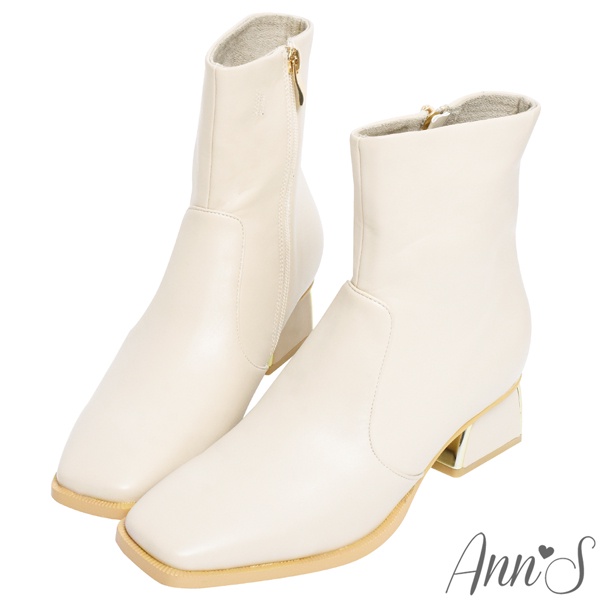 Ann’S造型電鍍梯形粗跟方頭短靴4.5cm-米白(版型偏小)