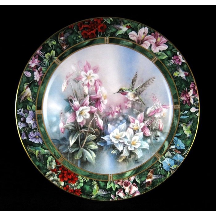 美國W S George 藝術家 Lena Liu 劉莉娜蜂鳥花卉限量瓷盤-D
