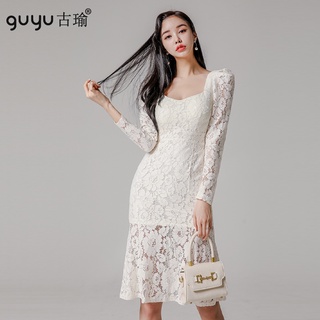 韓版長袖蕾絲魚尾洋裝 S-XL 白色及膝包臀尾牙洋裝中長宴會禮服連身裙