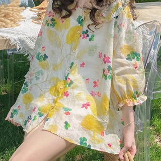 娃娃衫上衣春夏寬鬆復古文藝甜美碎花高端苧麻大娃娃領襯衫