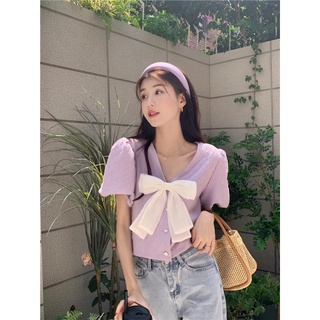 ♥現貨+預購‼️𝑮𝒍𝒊𝒏𝒕✨ 𝑲𝒐𝒓𝒆𝒂🇰🇷浪漫巴黎夢｜韓國CHIC甜美可愛大蝴蝶結珍珠釦泡泡袖短袖上衣～💜