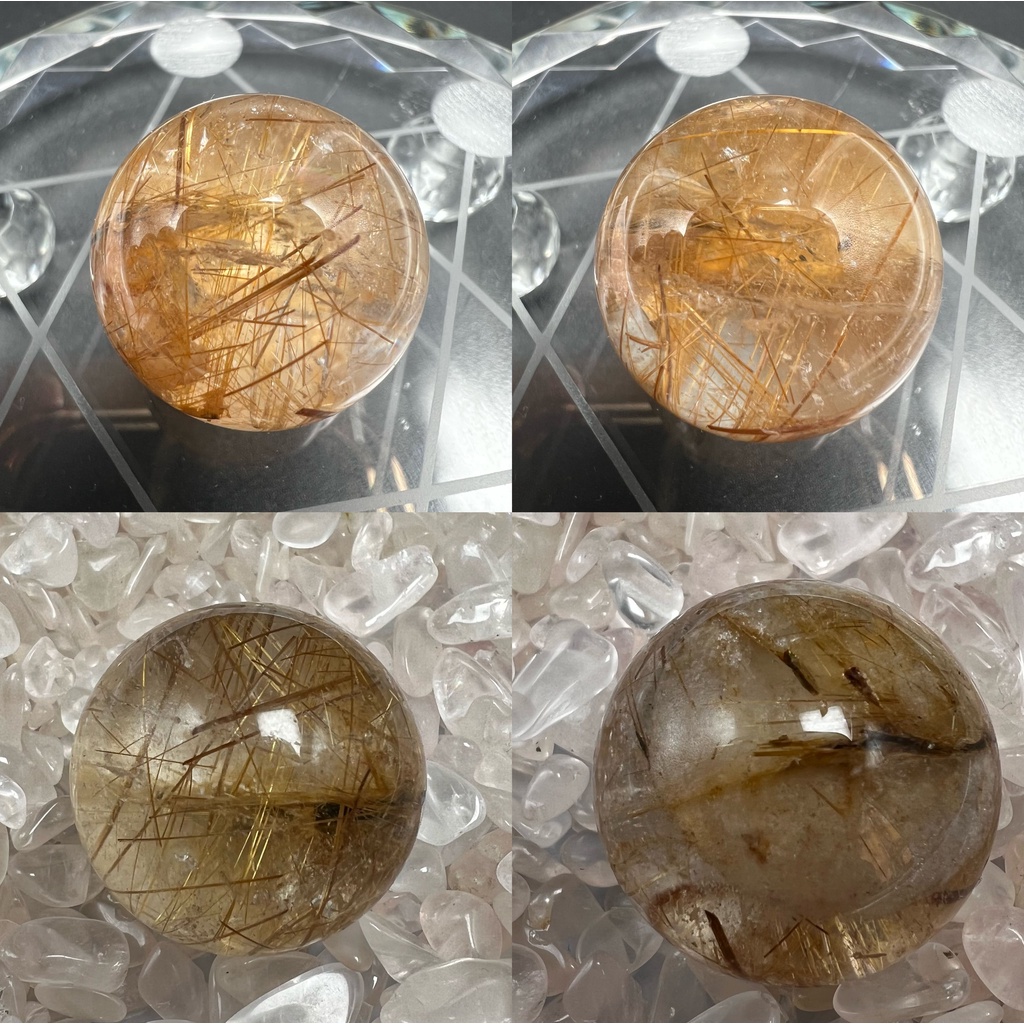 天然水晶金髮晶綠幽靈發晶黑髮晶銅條發水晶球3.0cm 送底座
