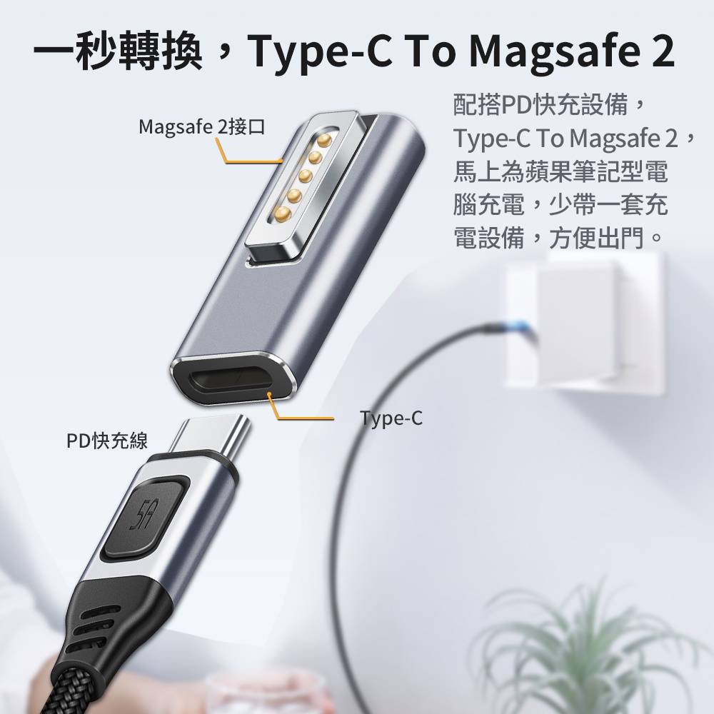 🉐【台灣出貨】 PD誘騙轉接頭 Type-C To Magsafe 2 支援5A 磁吸接頭 適用蘋果MacBook筆電