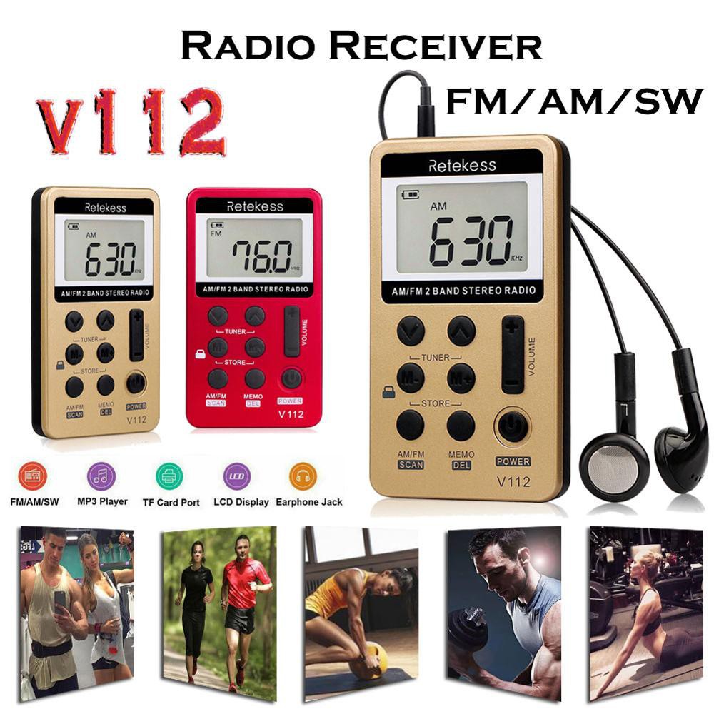 Retekess V112 AM FM收音機口袋便攜式迷你接收器，帶充電電池和耳機（金/紅）