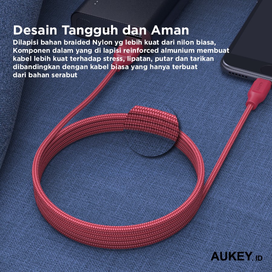 適用於 iPhone 的 2m 閃電編織 MFI 紅色 Aukey CB-AL2 電纜 500213