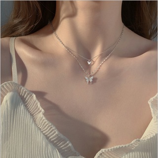 韓版雙層鋯石蝴蝶項鍊女閃光鑽石溫柔項鍊與眾不同項圈