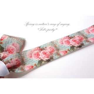 25mm 玫瑰花叢 緞帶 玫瑰花 玫瑰 印刷緞帶 羅紋緞帶 湖水藍 粉色 RB PR