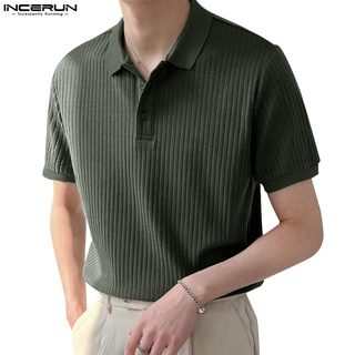 Incerun 夏季男士短袖純色條紋針織翻領 Polo 襯衫