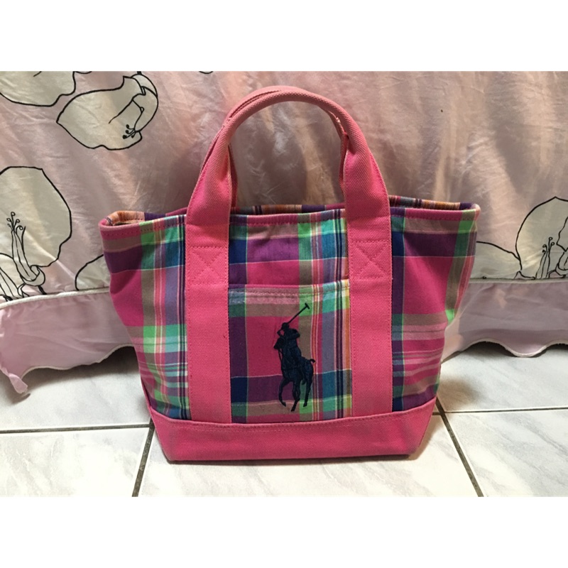 二手POLO大馬格子桃紅手提包肩背包