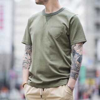 馬登工裝 日系復古軍綠色t恤 簡約圓領 口袋短袖 阿美咔嘰 純色T恤男