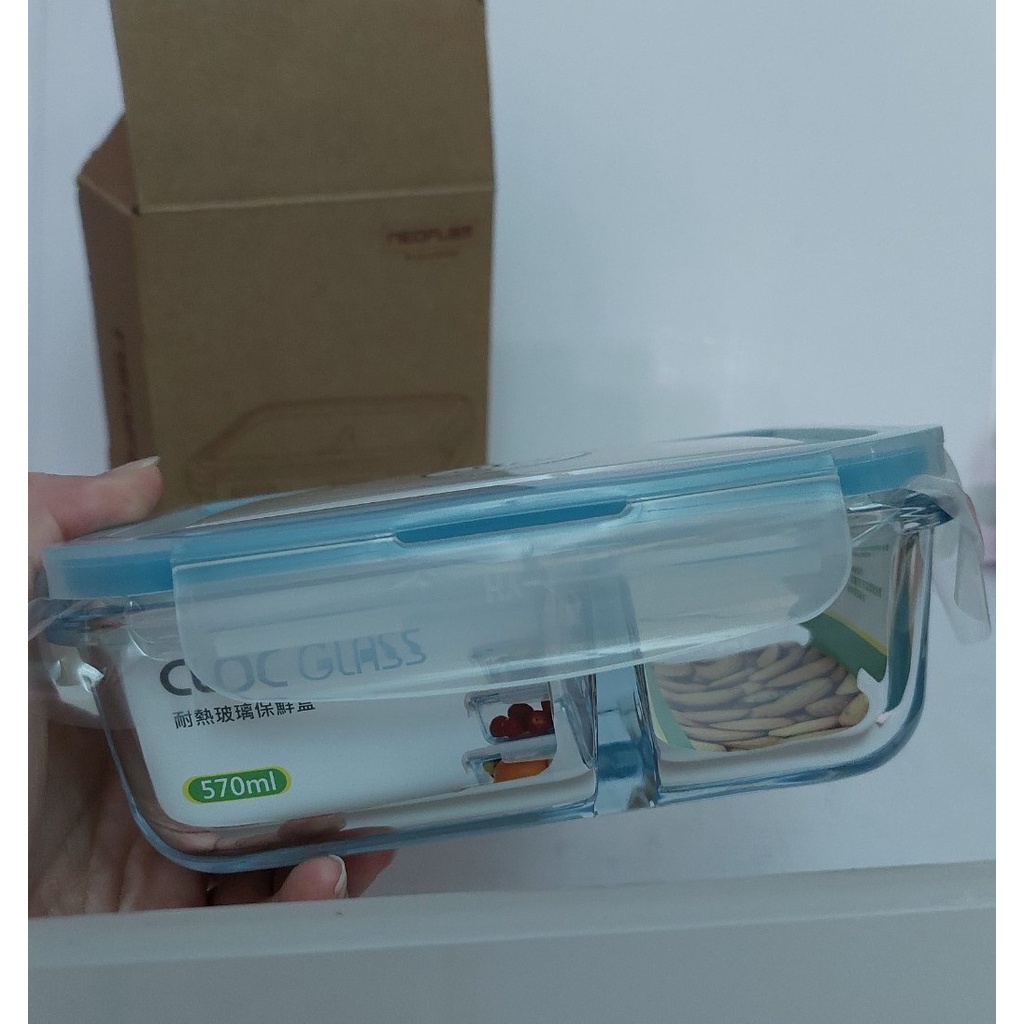 {二手全新} NEOFLAM 570ML 微烤兩用耐熱玻璃分隔保鮮盒 玻璃保鮮盒 玻璃便當盒