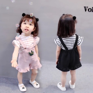 ❤️臺灣現貨❤️夏季女童裝週歲套裝 純棉透氣 歲嬰兒短袖上衣+背帶褲兩件套 女童套裝 夏季套裝 女童衣服