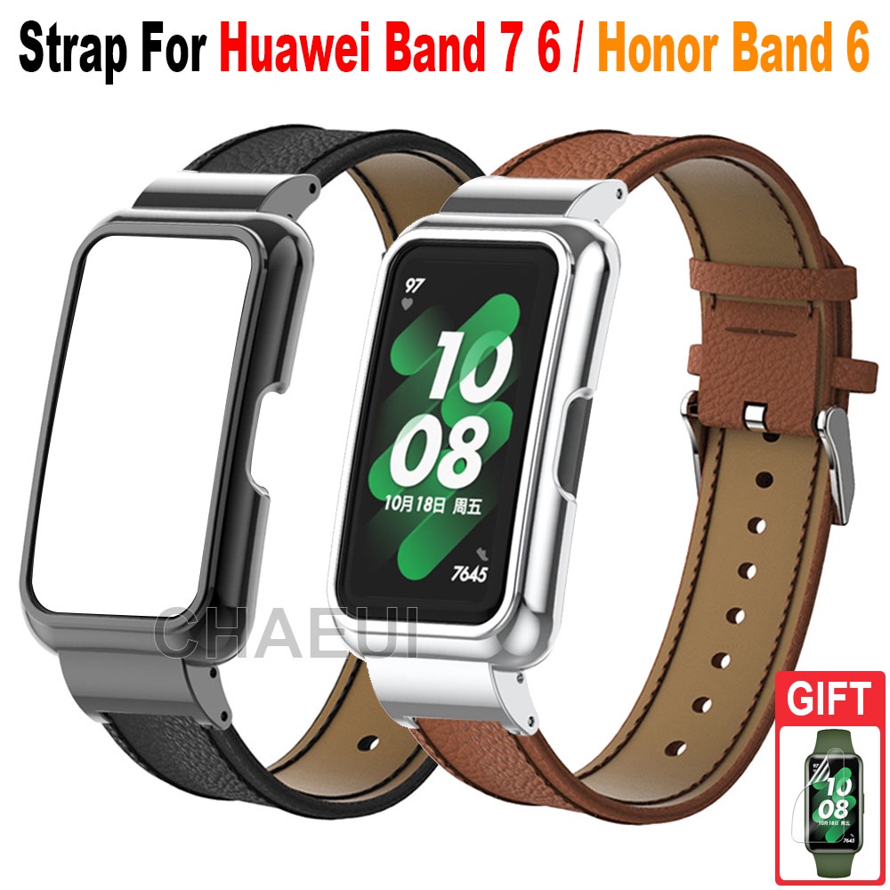 華為手環9 錶帶 華為手環8 真皮錶帶+金屬保護框 適用 華為手環7 huawei band 6 皮質錶帶