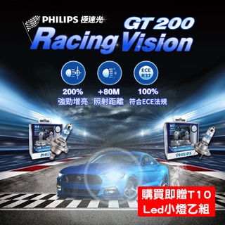 ✦台灣現貨✦新品PHILIPS RacingVision 極速光 GT200 H4 H7 車燈/鹵素大燈/加亮200%