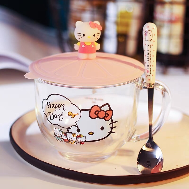 新款卡通kitty可爱牛奶玻璃水杯大號早餐杯帶蓋帶把手帶湯匙🥄