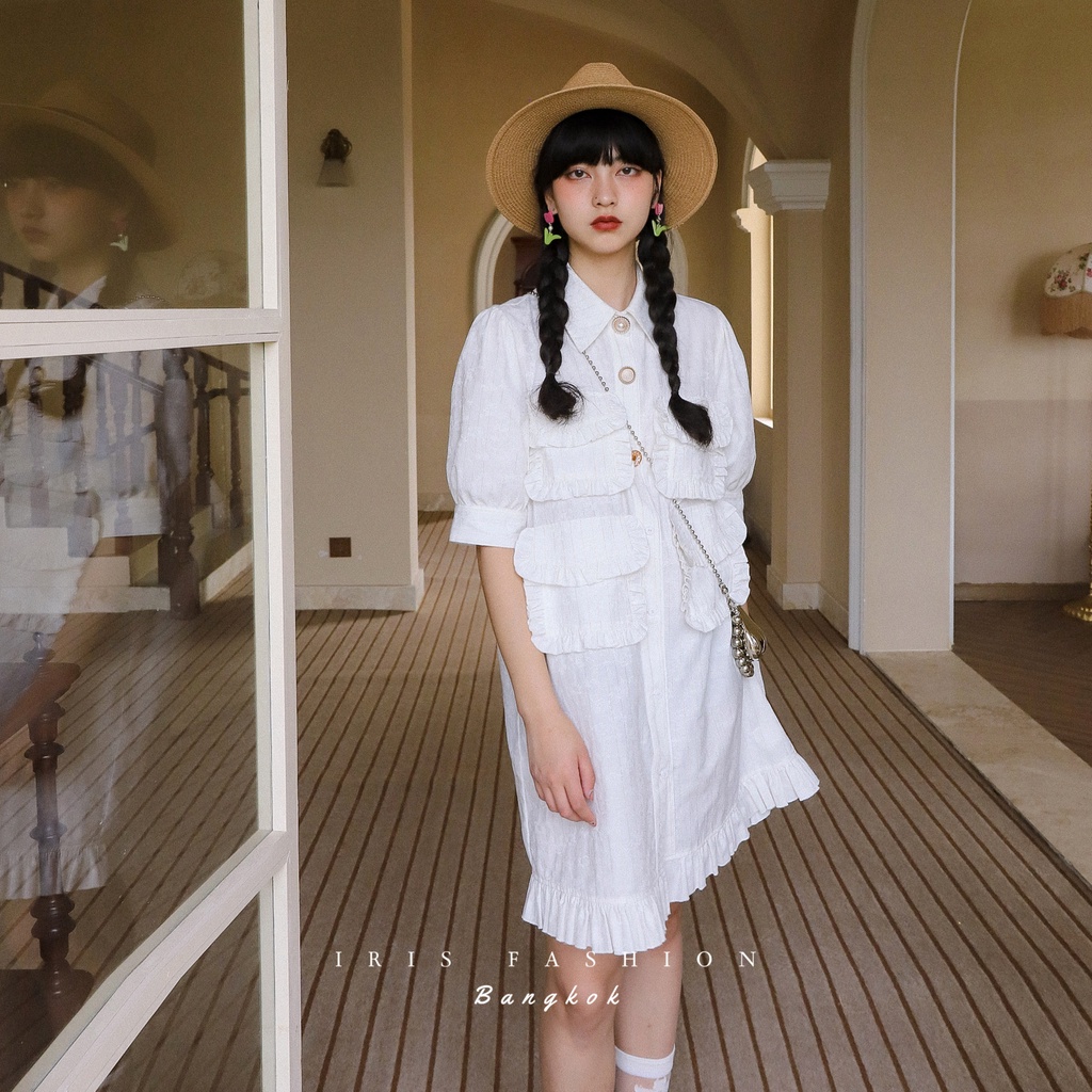 IRIS BOUTIQUE ID22L0123 復古系列小百合大尺碼女士短袖棉麻洋裝夏天