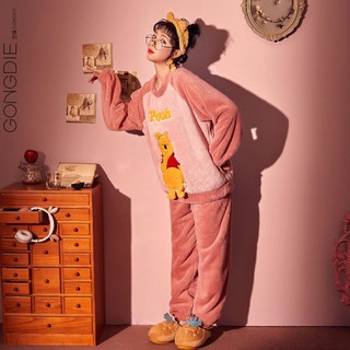 現貨藍色L號宮蝶迪士尼小熊維尼維尼熊睡衣女秋冬季珊瑚絨加絨加厚保暖套裝可愛家居服
