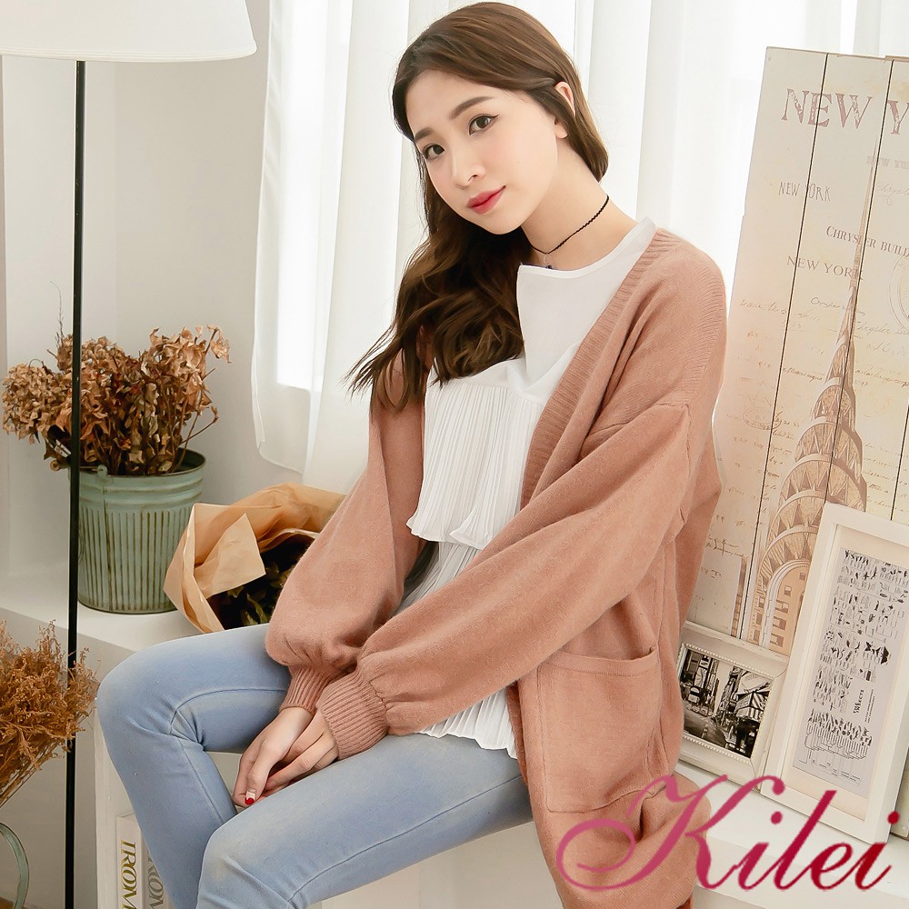 【Kilei】口袋毛織素色燈籠袖外罩衫XA3978-01(磚粉膚)全尺碼