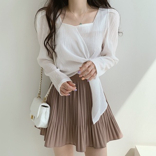 韓版時尚女裝新款法式小眾秋裝寬鬆顯瘦百搭上衣打結長袖方領襯衫