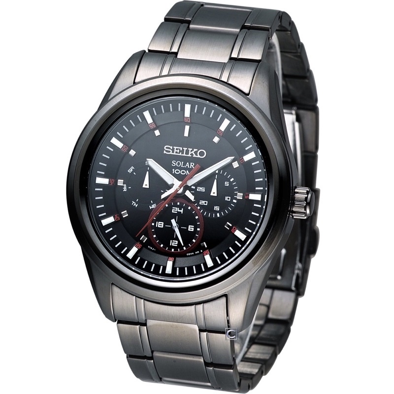 近全新SEIKO 太陽能三眼腕錶-時尚黑42mm(SNE355P1)機械錶禮物 精工藍寶石鏡面 光動能充電日期 水鬼防水