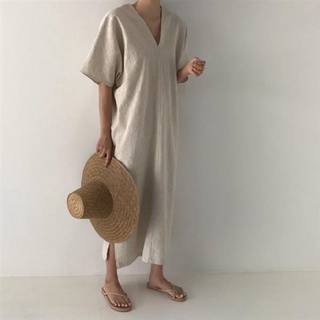 法式洋裝 赫本風洋裝 亞麻洋裝 韓國ins極簡主義復古長款寬松慵懶風V領長款短袖連身裙女NE329-1913. 衣時尚