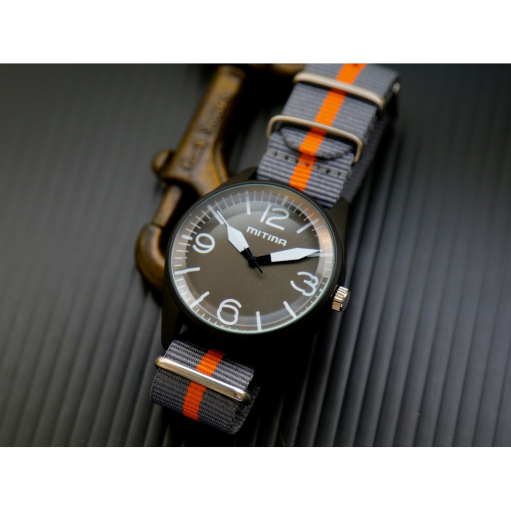mitina軍風pilot BELL&amp;ROSS飛行風戰鬥機儀錶板造型石英錶,白色清晰刻度～灰橘 nato錶帶