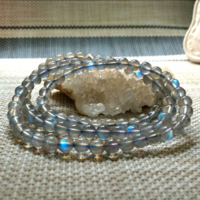 水潤透亮的天然冰種拉長石強藍彩光圓珠三圈手鍊，串珠，項鍊，5.5mm，低價結緣