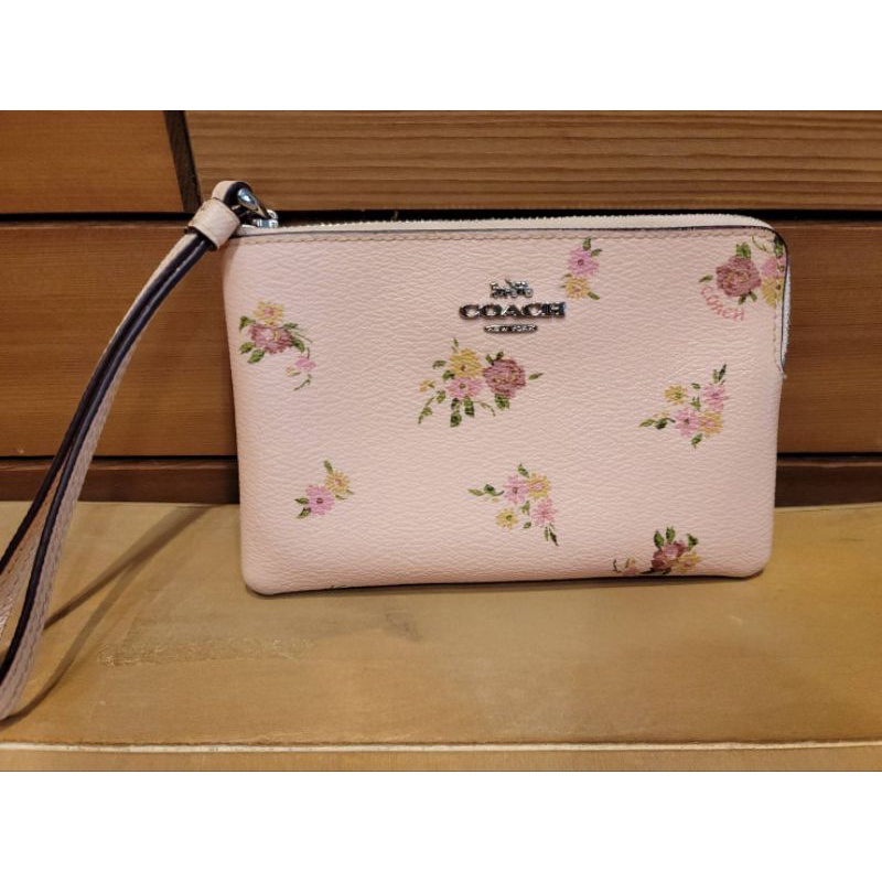 COACH 花卉系列單層馬車LOGO粉色小花手拿包 零錢包 (正品二手)