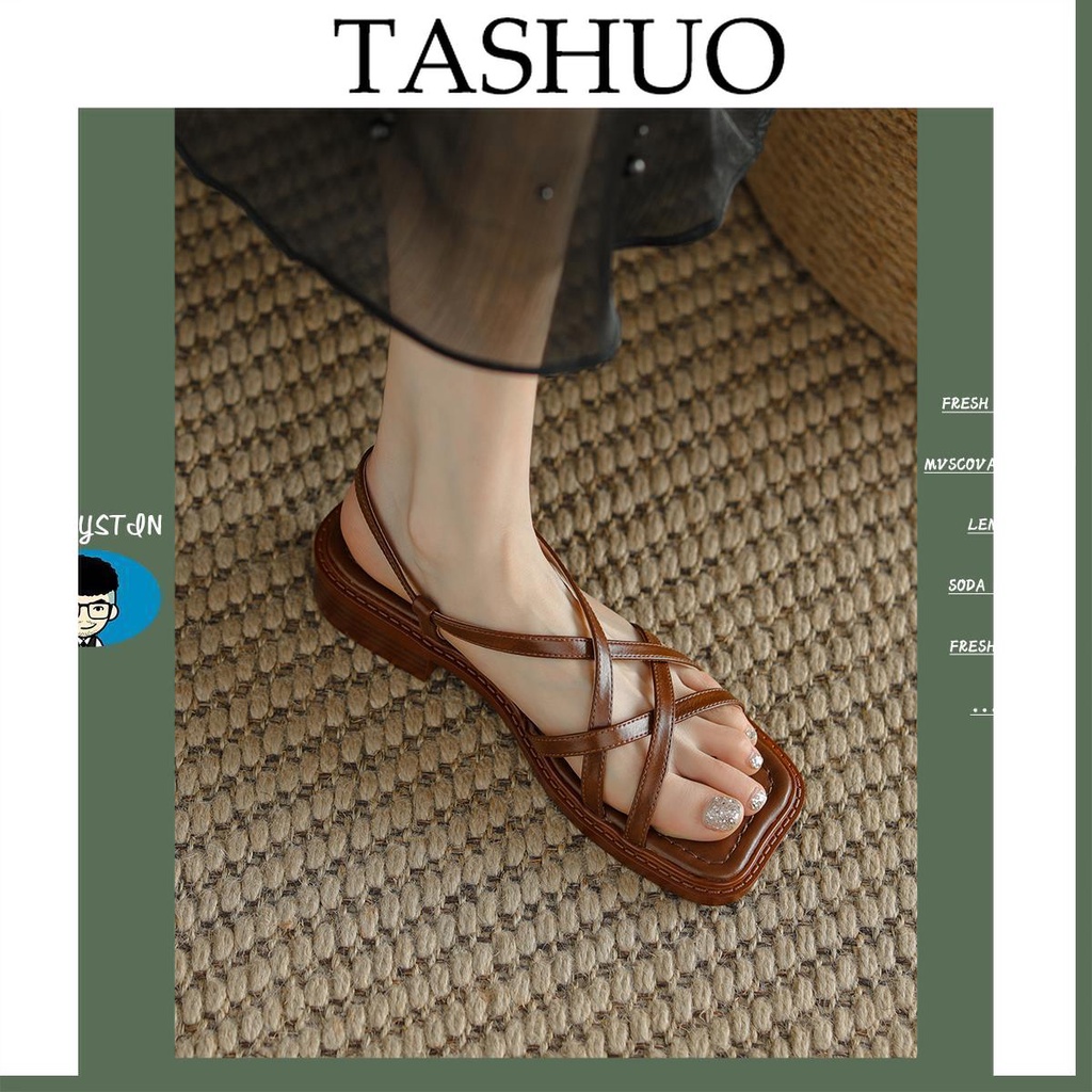 TASHUO 非侈原創 法式復古~真皮交叉綁帶露趾涼鞋女夏細帶編織粗跟羅馬鞋