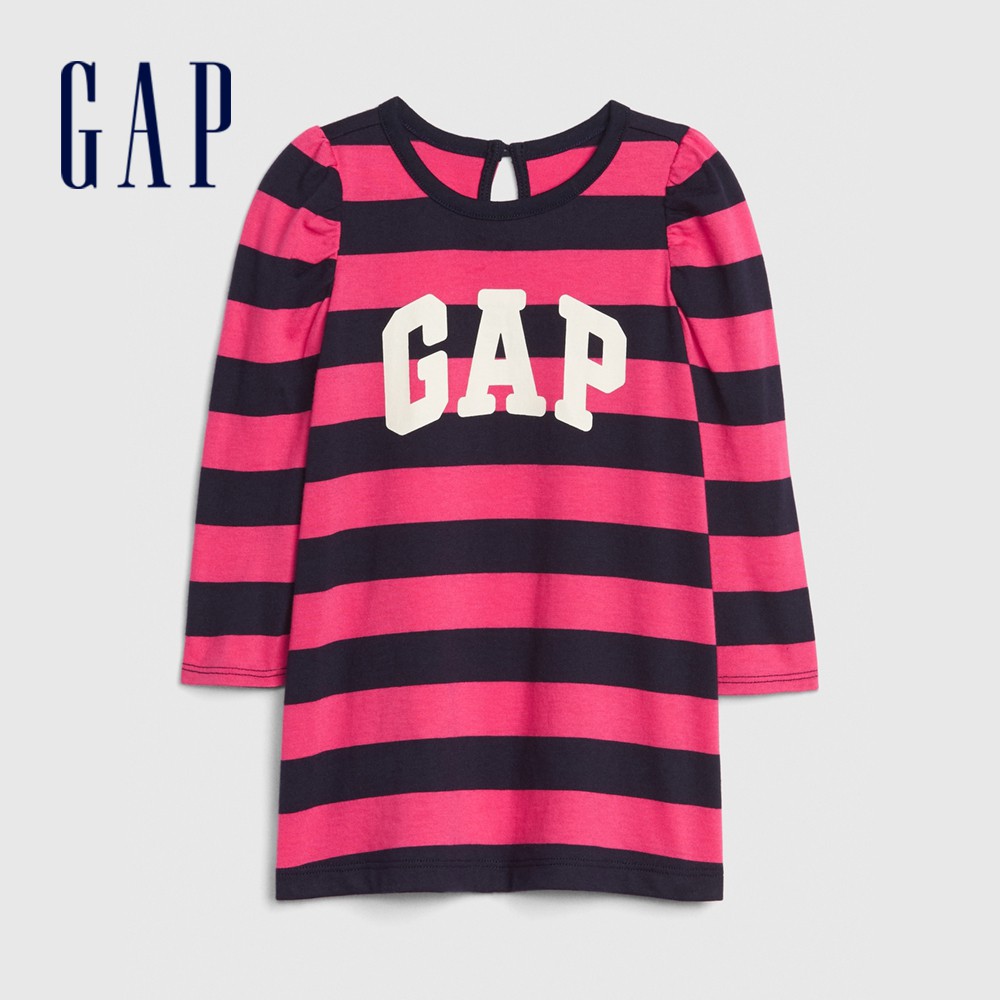 Gap 嬰兒裝 Logo條紋長袖洋裝-粉黑條紋(489601)