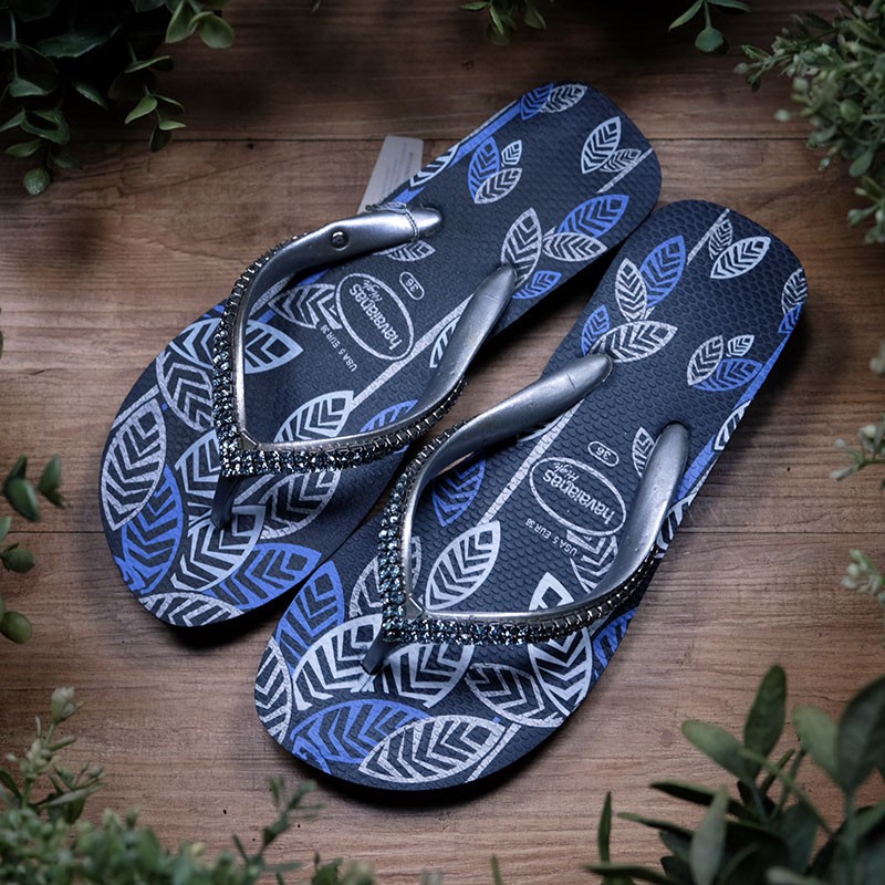 [ LIZcolor ] Havaianas巴西拖鞋xSwarovski施華洛世奇聯名/三公分厚底/雙排水鑽/深藍底藍鑽