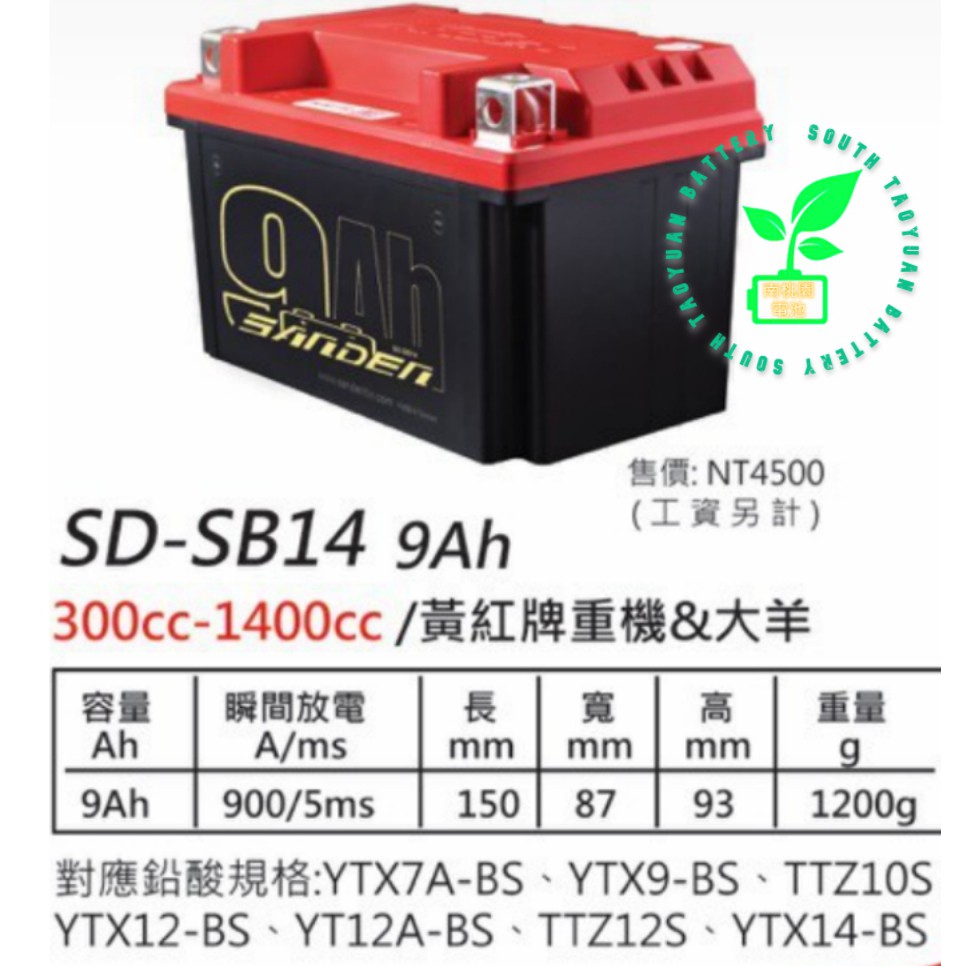 南桃園電池"免運送充電器"紅色閃電SD-SB14重機鋰鐵電池 可代湯淺YTX14-BS YTX12-BS TTZ12S