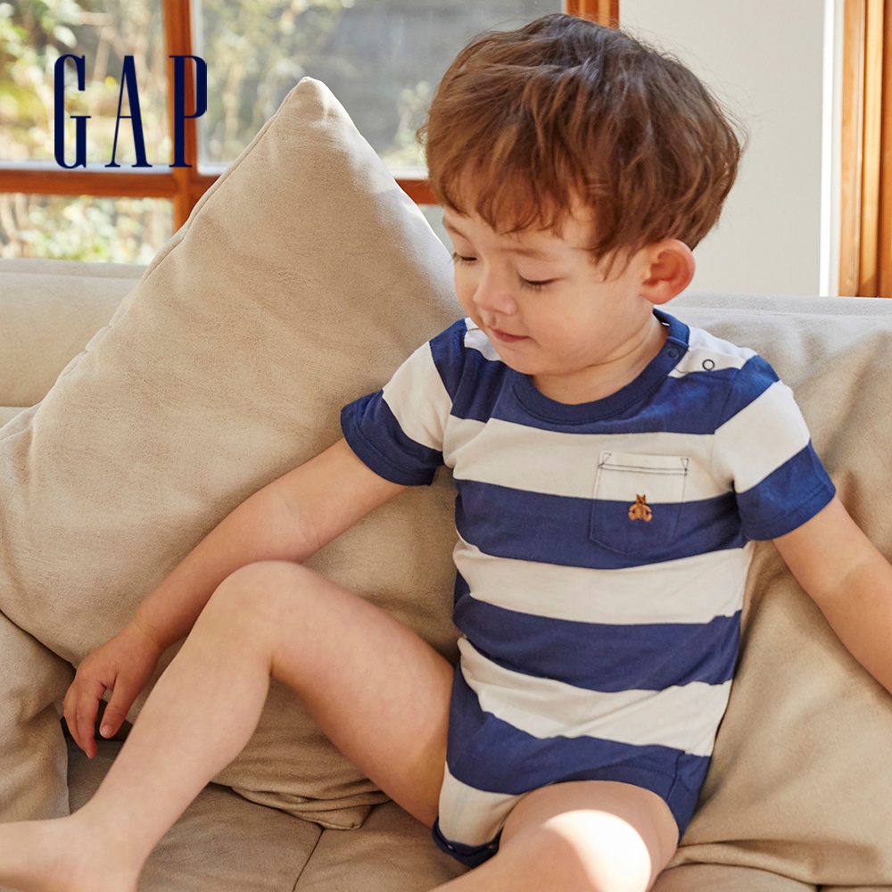 Gap 嬰兒裝 清爽條紋短袖包屁衣 布萊納系列-藍色條紋(685422)