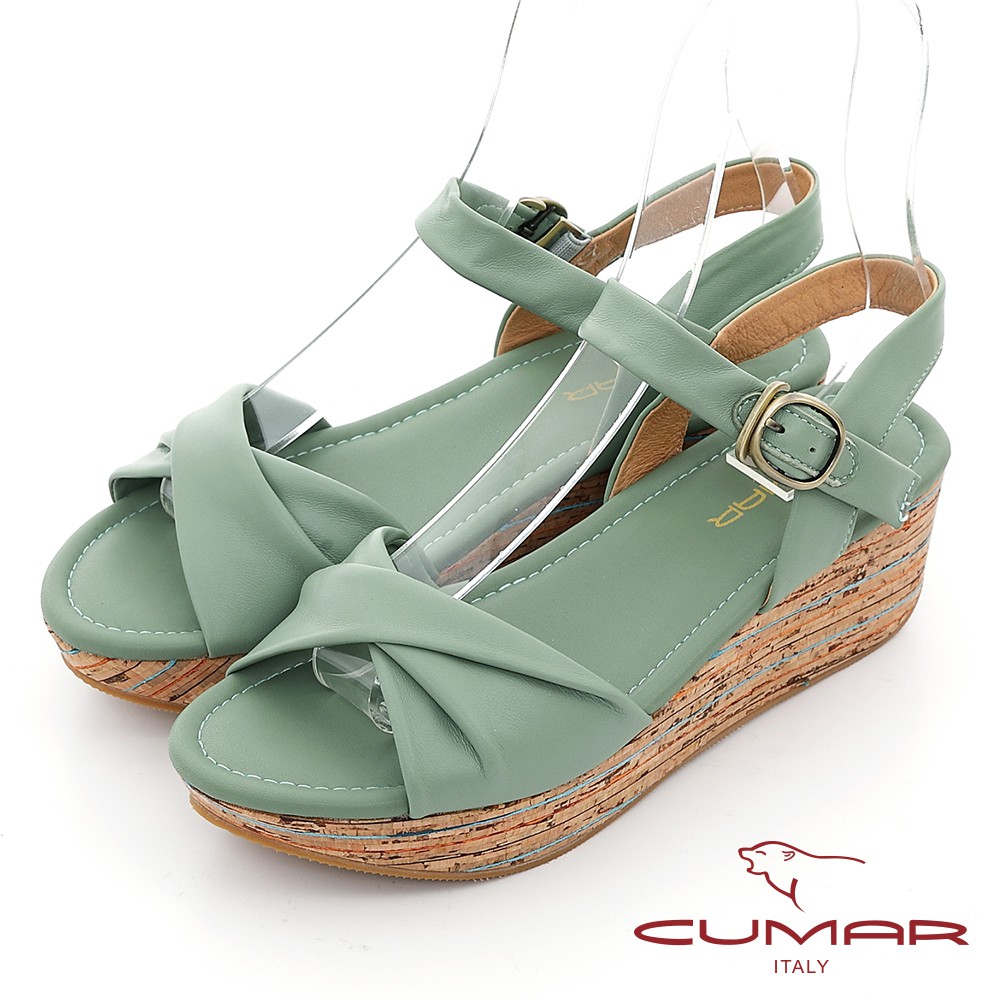 【CUMAR】波西米亞風扭轉一字帶坡跟涼鞋 - 綠色