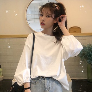 🔥(CONGHAU)🔥Thời trang nữ 秋裝韓版寬鬆ins學院風白色百搭燈籠袖長袖T恤女學生上衣